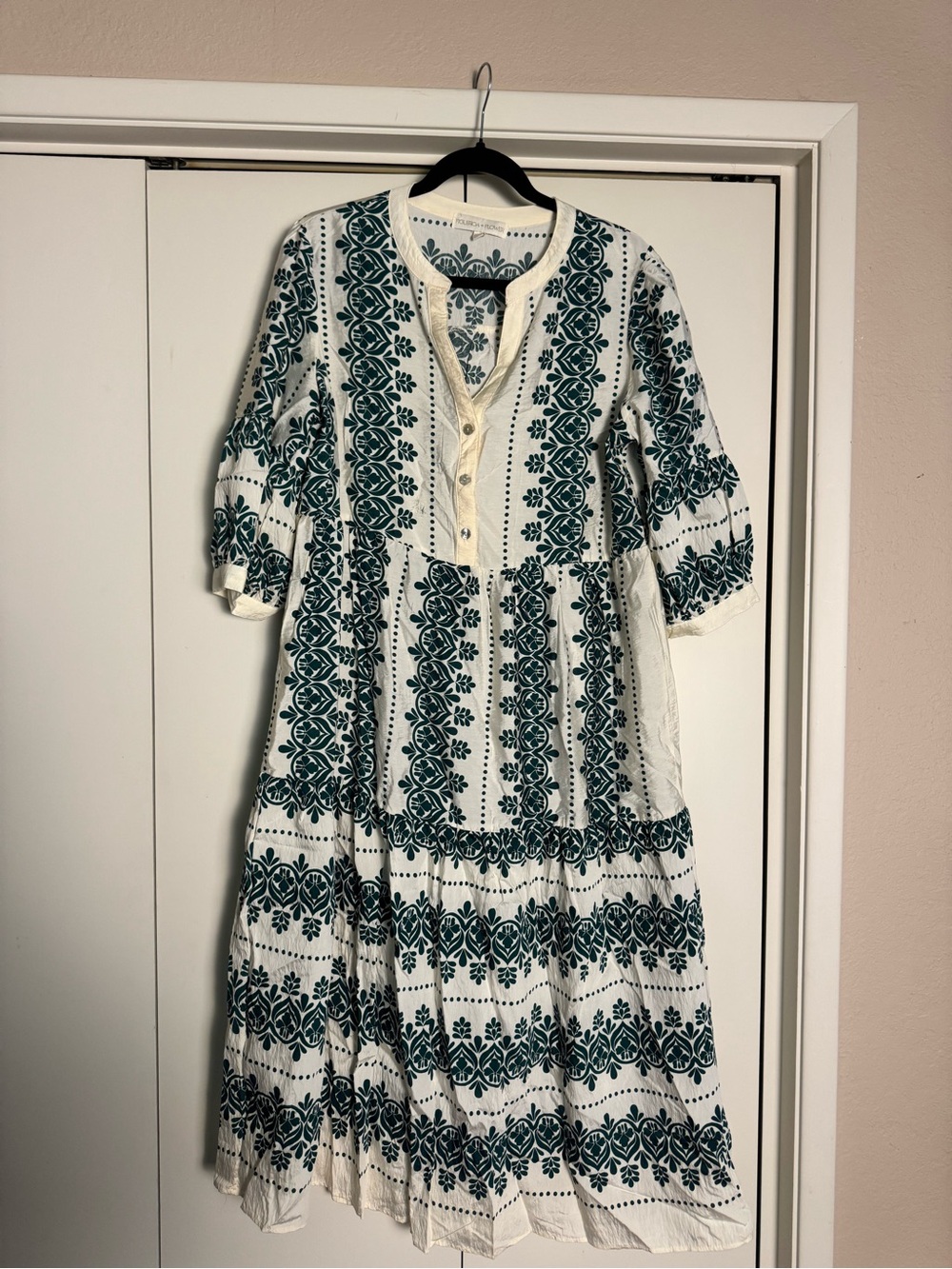 Cream and Teal Printed Tiered Midi Dress